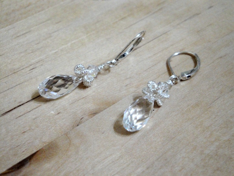 Swarovski Drop Crystal Sterling Silver Wire Wrapped Earrings - by timA - Ready to Ship - Gifts for her under 20