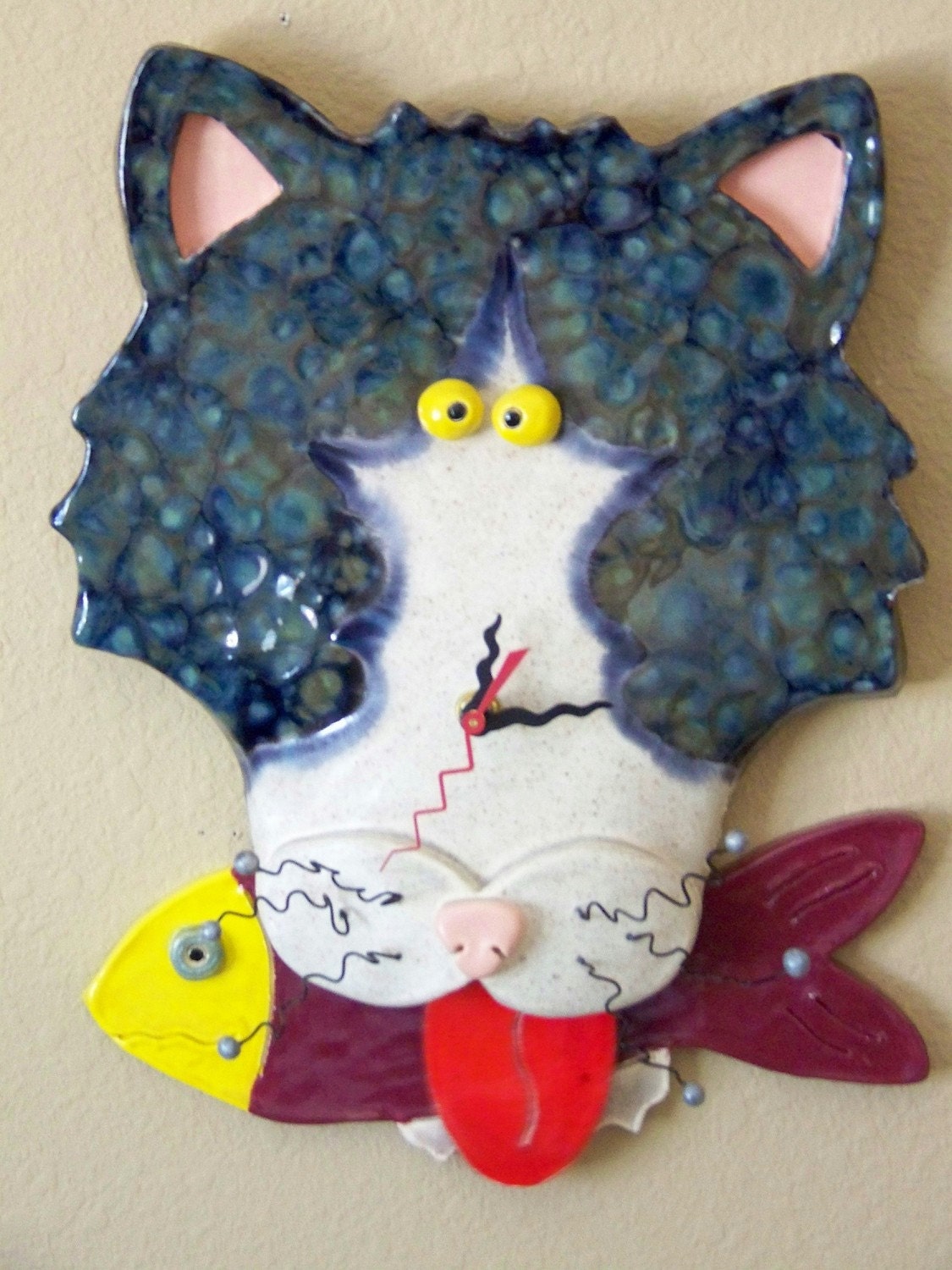 Handmade Ceramic Cat Face Clock "Boots"