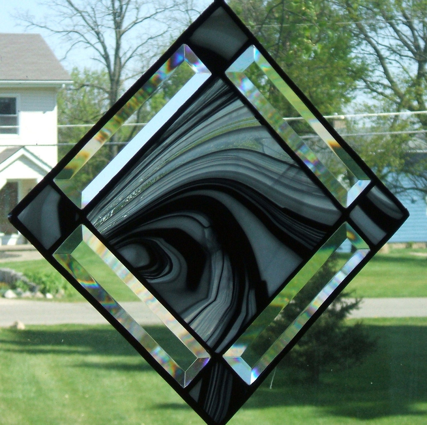 Black Swirled Stained Glass Square Suncatcher