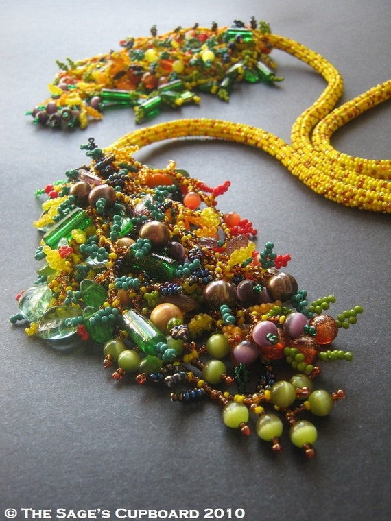 Cornucopia Statement Necklace. Yellow Corn Beaded Rope Lariat with Colorful Bead Fruit and Vegetable Fringe