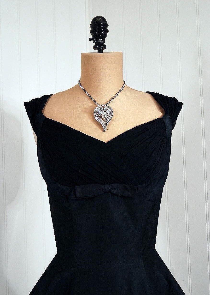 1950's Vintage Midnight-Black Seductive Silk-Taffeta Couture Shelf-Bust Bow Draped Sheer-Chiffon Plunge Rockabilly Princess Nipped-Waist Bombshell Ballerina-Cupcake Full Circle-Skirt Wedding Formal Evening Party Cocktail Dress