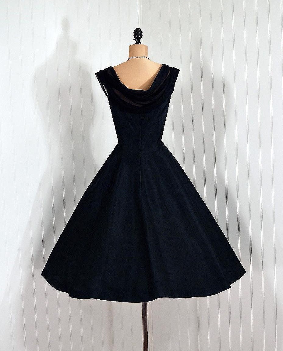 1950's Vintage Midnight-Black Seductive Silk-Taffeta Couture Shelf-Bust Bow Draped Sheer-Chiffon Plunge Rockabilly Princess Nipped-Waist Bombshell Ballerina-Cupcake Full Circle-Skirt Wedding Formal Evening Party Cocktail Dress