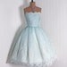 1950's Vintage Ethereal Baby-Blue and Crisp-White Ombre Heavily-Embroidered Rhinestone Silk-Organza Scalloped Low-Plunge Strapless Nipped-Waist Rockabilly Ballerina-Cupcake Princess Tiered-Ruffle Bombshell Circle-Skirt Wedding Cocktail Party Dress
