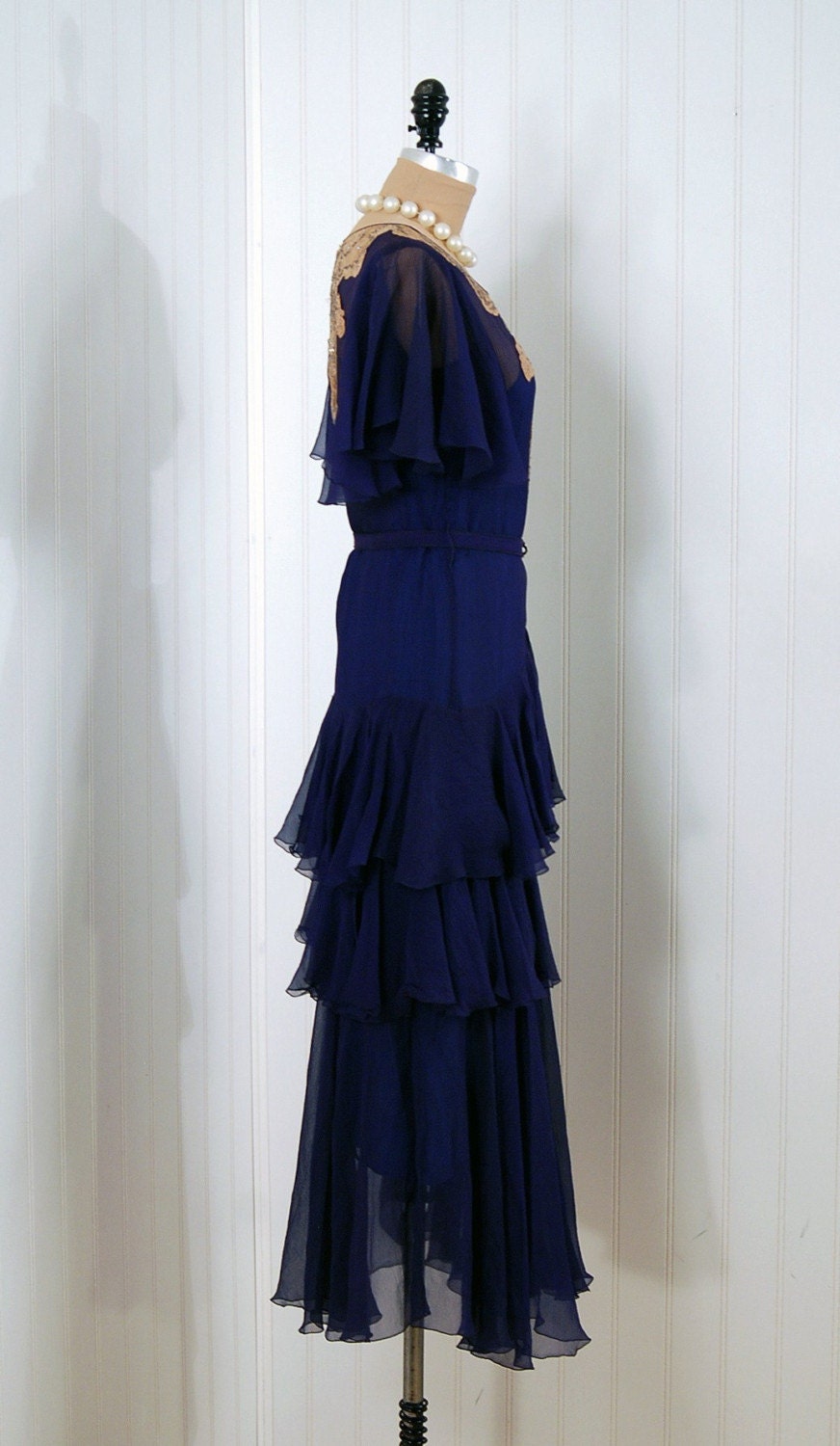 1920's Antique Vintage Navy-Blue Flutter Crepe-Chiffon Rhinestone Lace Art-Deco Couture Flapper Dress