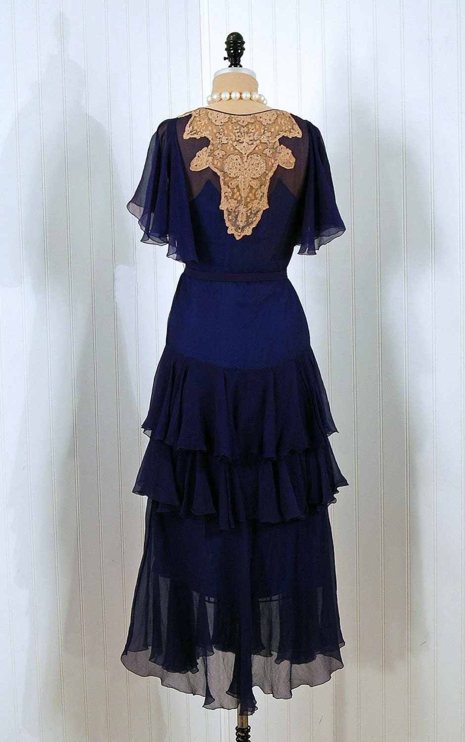 1920's Antique Vintage Navy-Blue Flutter Crepe-Chiffon Rhinestone Lace Art-Deco Couture Flapper Dress