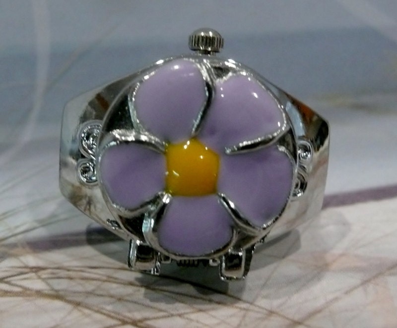Silver and Lavender Flower Finger Watch Ring