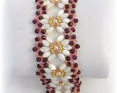Beadwork Bracelet - Mother of Pearl and Ruby Beadweaving - Beaded Beadwoven Jewelry