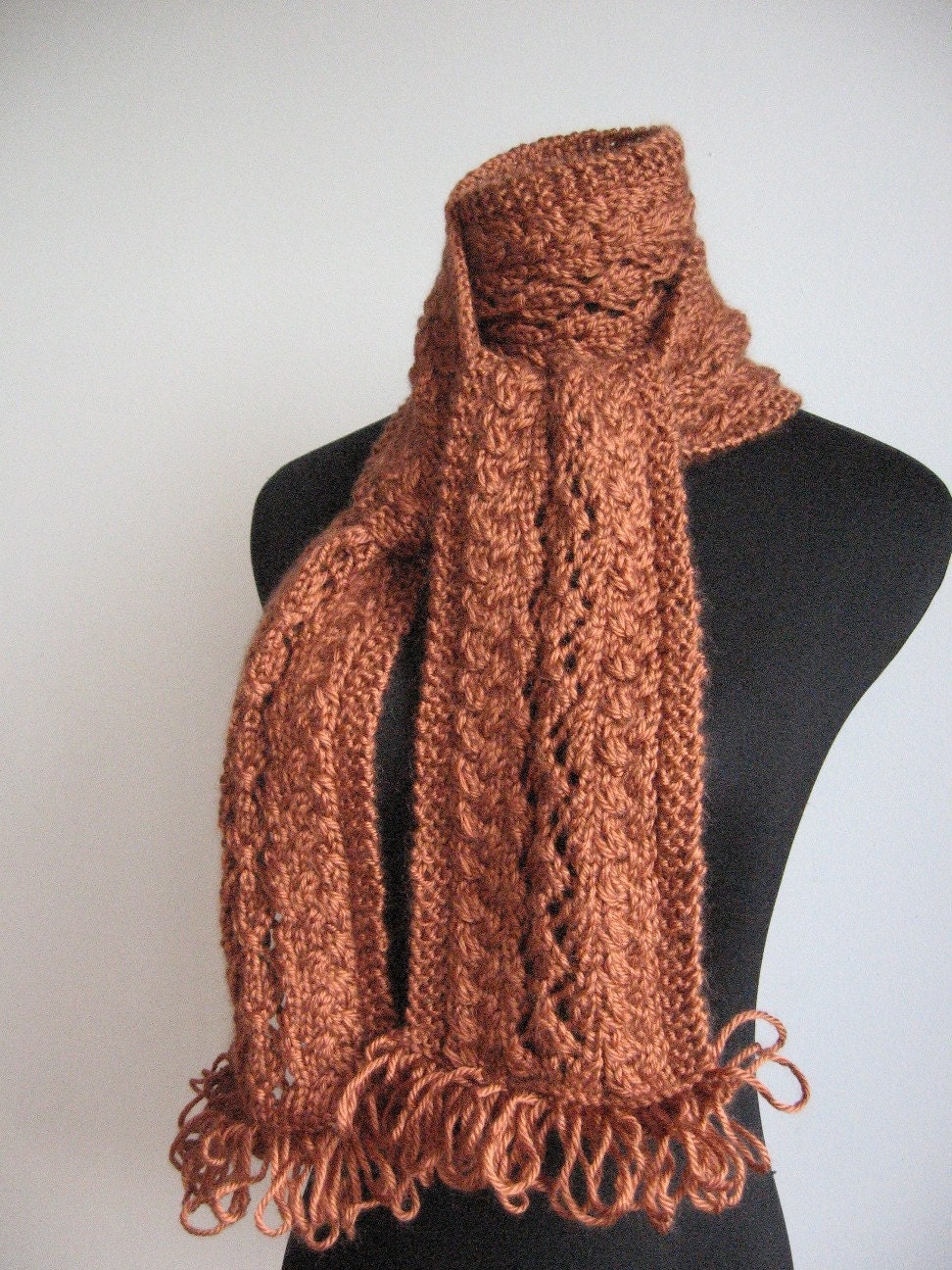 Amber Scarf Cables and Lace Scarf with Loop Fringe Winter Fashion Accessories Knitted Scarf Copper Scarf