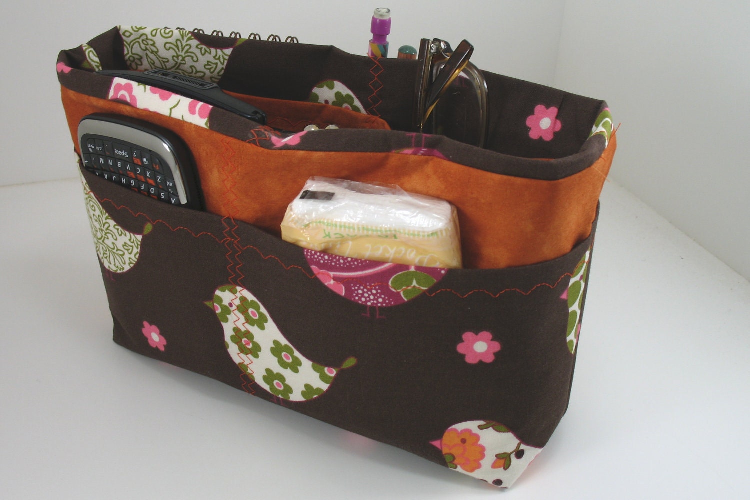 Purse Organizer Insert -Flight of Fancy- Brown Orange and Pink -Small pictured -5 sizes available
