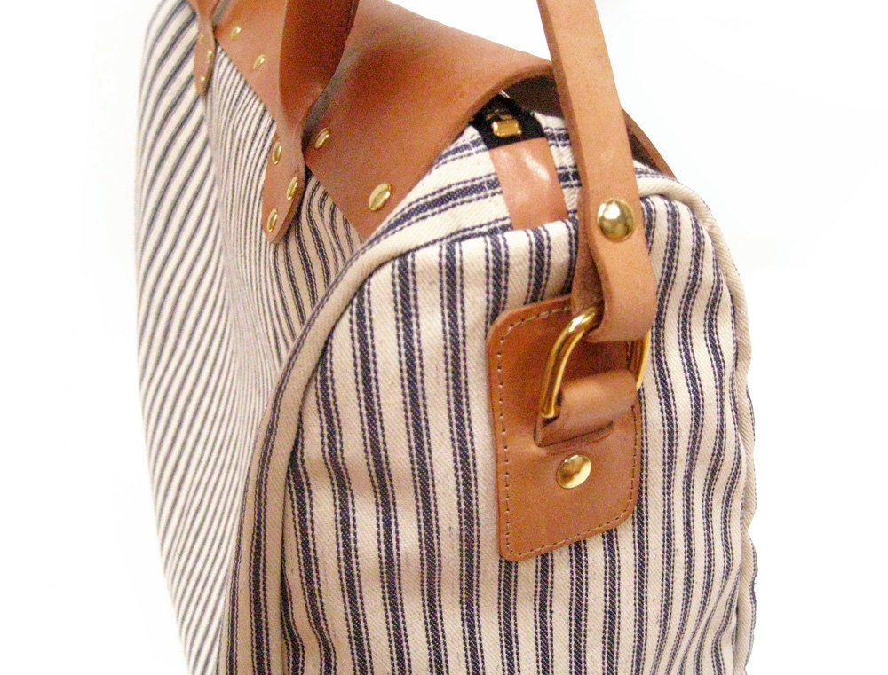 Weekender Tote in Blue and White Striped Ticking