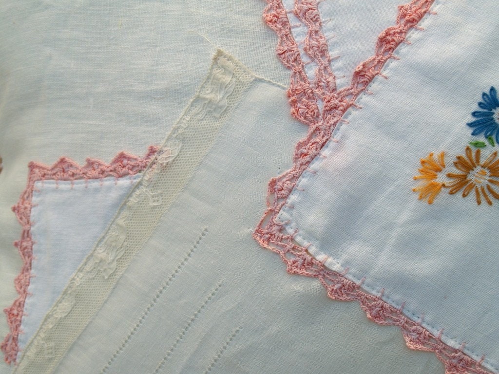 Up-cycled Vintage Linen Pillowcase Pillow - pink/red/blue/green - Kate Corbett