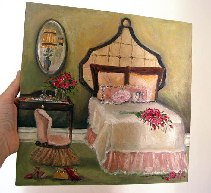 Original Painting Interior Roses Feminine Paris oil