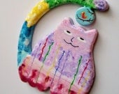 Fridge Magnet - Fat Cat with Bird - Abstract Pastel Rainbow