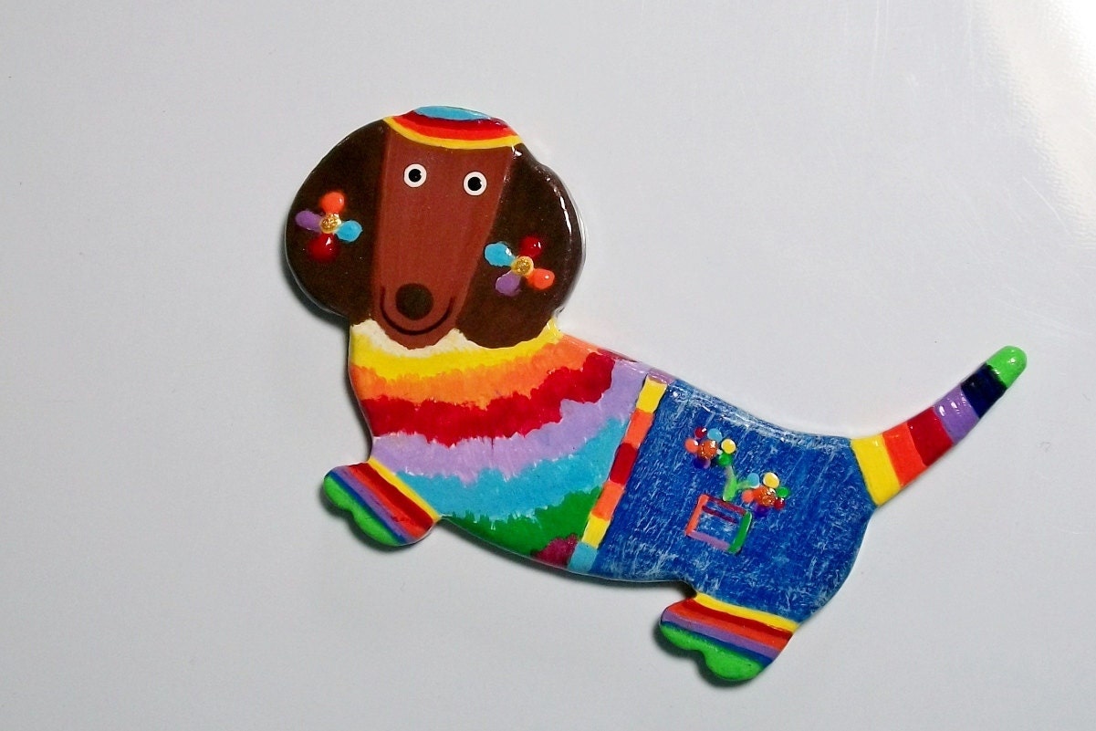 Fridge Magnet Dachshund in Bright Rainbow Colors