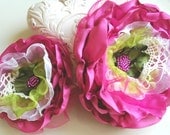 Fuchsia pink with green-Set of two handmade flowers-Brooch,hair clip,comb-Bride,bridesmaid-Flowers for sash.
