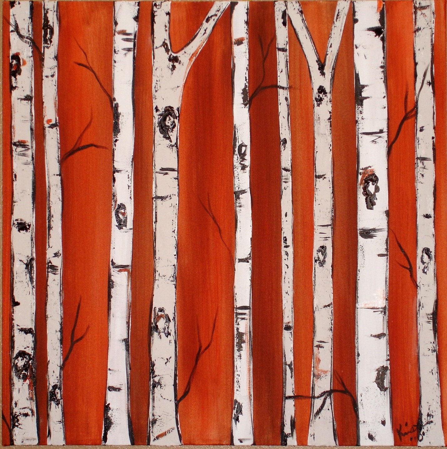 Birch Tress on Burnt Orange Commission with real texture by Kristen Dougherty