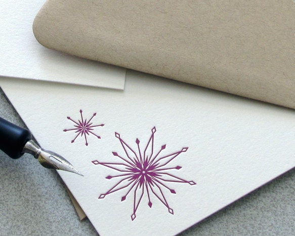 Snowflake Purple Letterpress Flat Notecard Set - Winter Deep Purple, Amethyst, Cold 10 pack (NSN1)