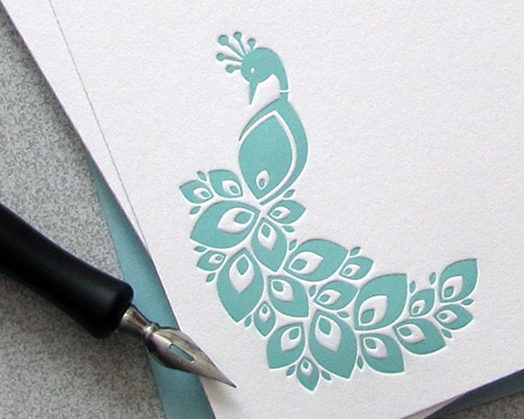 Peacock Note Card Set Letterpress Bird Light Aqua Blue Gray Aquamarine 10 pack (NPE02)