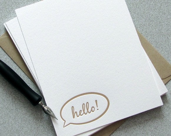 Speech Bubble Hello Letterpress Note Card Set - Fathers Day, Tan, Taupe, Beige, Khaki - 10 pack (NHL2)