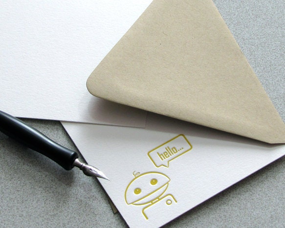 Robot Note Card Set Letterpress Geekery - Fathers Day, Men - Bamboo Mustard Yellow, Techie, 10 pack (NRH03)