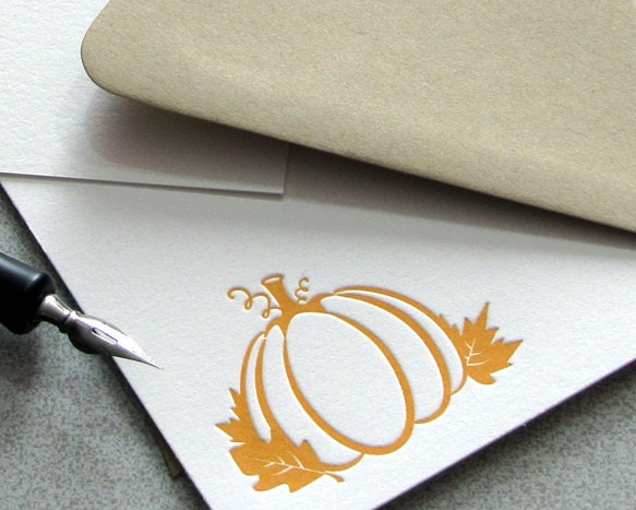 Pumpkin Stationery Set - Letterpress Flat Note Card Set - Oak Leaf, Maple Leaf, Orange, Fall, Autumn - 10 pack (NPU1)