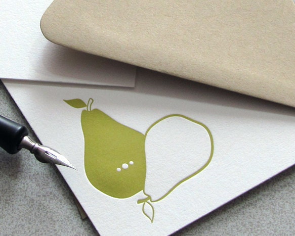 Pear Letterpress Notecard Set - Pear Stationery Set - Fresh Fruit, Chartreuse Green, Spring, Summer - 10 pack (NPR1)