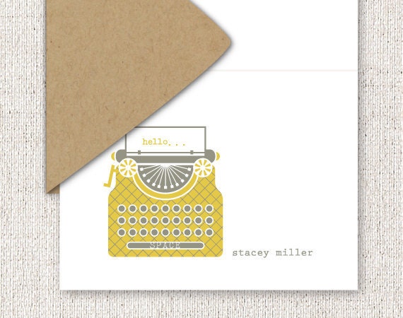 Personalized Stationery: Vintage Typewriter, Custom Stationary, Flat Note Cards - Yellow, Honey Gold, Grey (Set of 8)