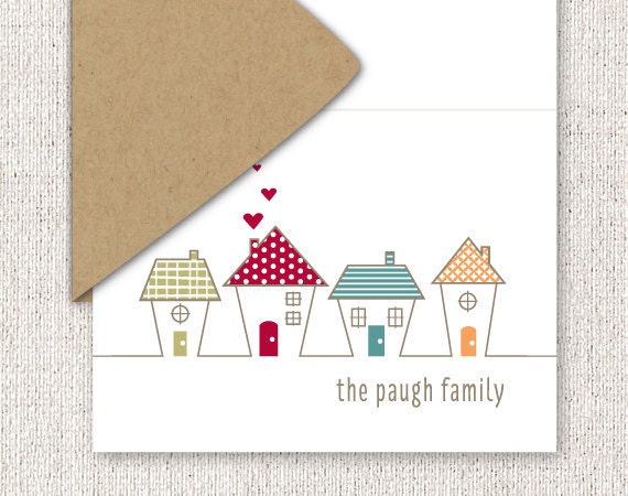 Little House Family Personalized Stationery - Personalized Stationary - Folded Note Cards, Red, Orange - Choose Your Color (Set of 8)