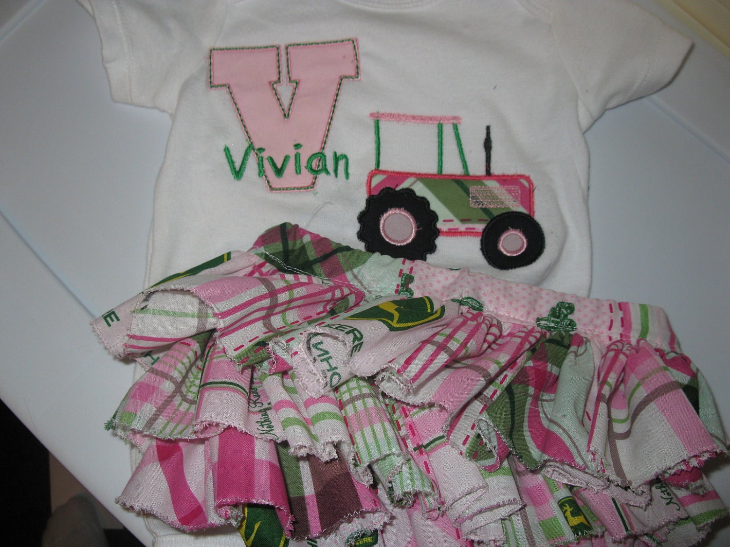John Deere Ruffle Diaper Booty Cover AND Matching Appliqued Tank Top OR Onesie 0-24m
