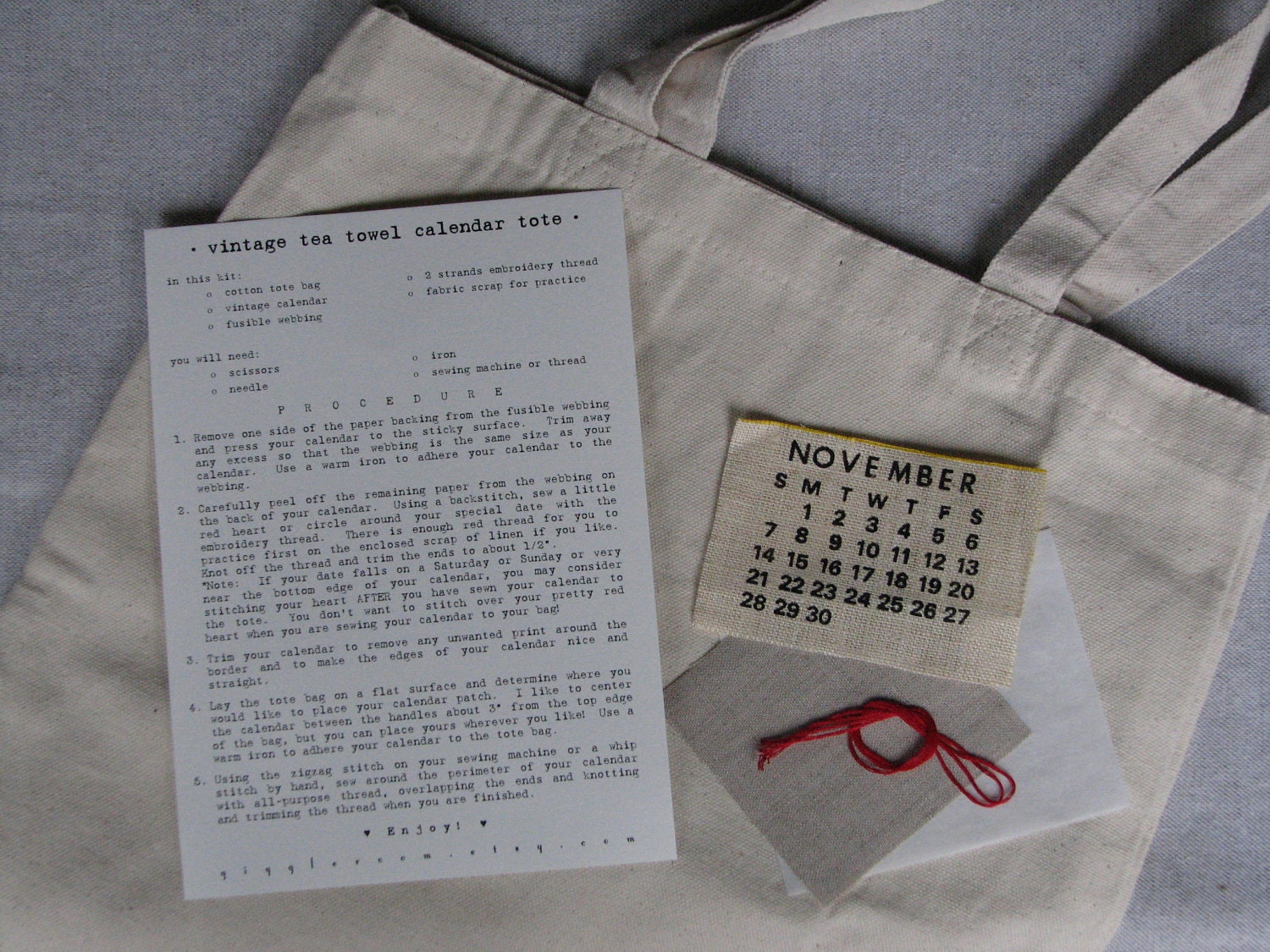 a vintage tea towel calendar tote kit... choose your date and diy...