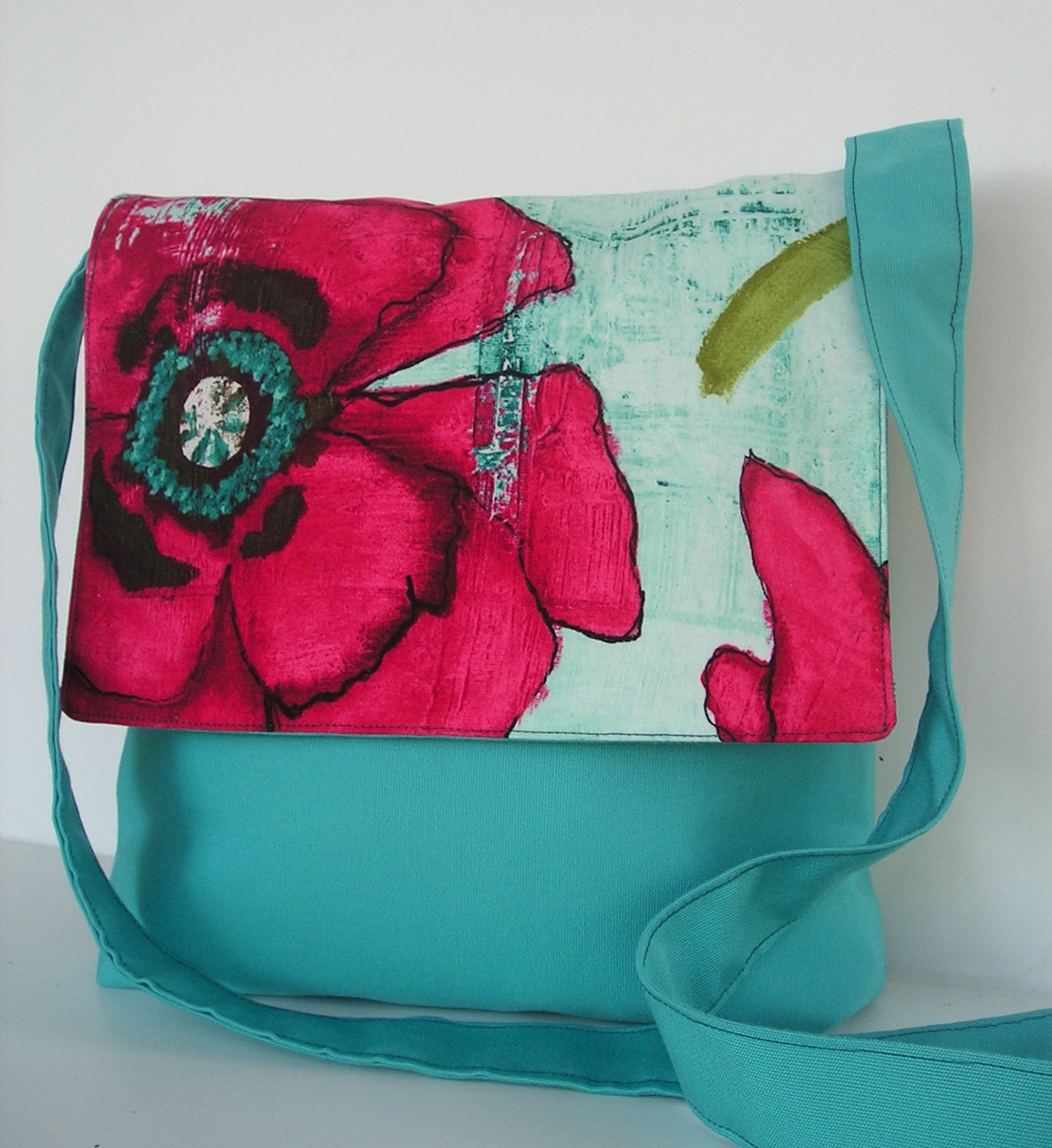 SALE Messenger Bag in Teal with Red Poppy