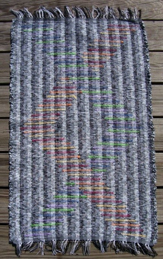 Rag Rug, Handwoven - Grey, Black, White with Laid-in Rainbow (Inv.ID 7-0980)