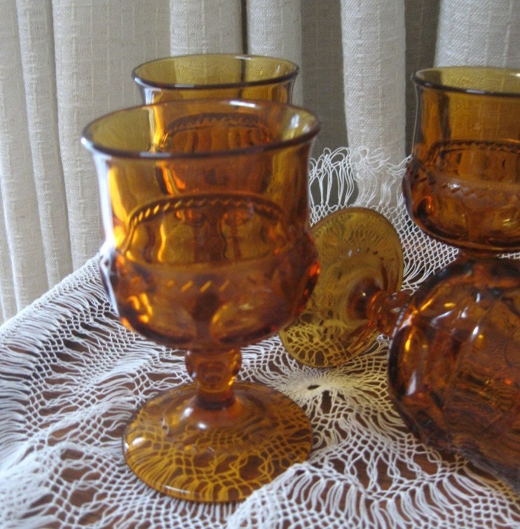 Vintage Goblets Amber Kings Crown Thumbprint Indiana Glass Set of Four