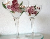 Vintage Champagne Wine Glasses Painted Grape Leaves Wedding Toast  Purple Green Set of Two