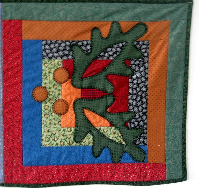 Vintage Quilt Table Runner Oak Leaves Country Decor Rustic Primitive Applique Log Cabin Orange Blue Red