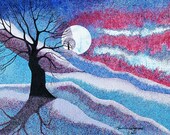 Art Print, 7 X 10 Pen and Ink Lithograph, Pointillism, Blue Moon