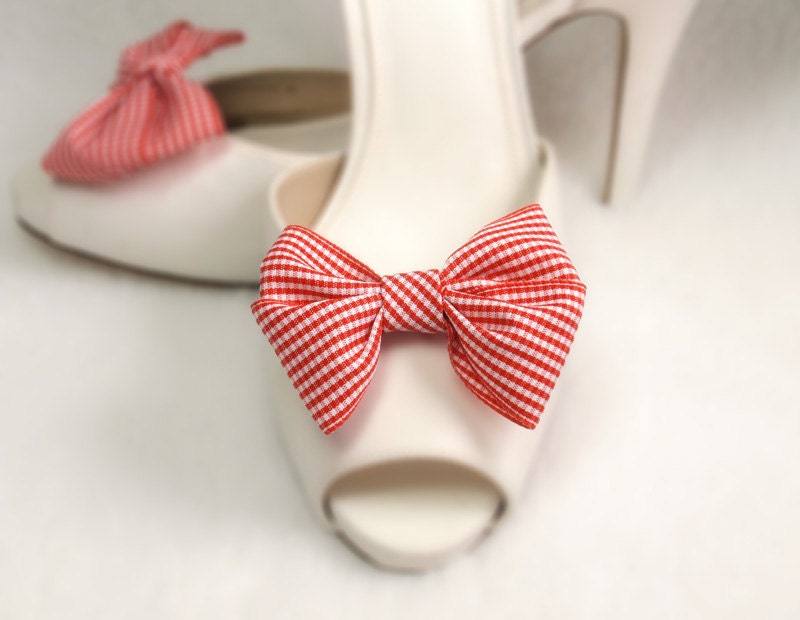 Red and White Bow Shoe clips, Gingham Bow