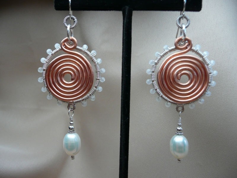 Spiraled Copper and sterling silver pearl earrings