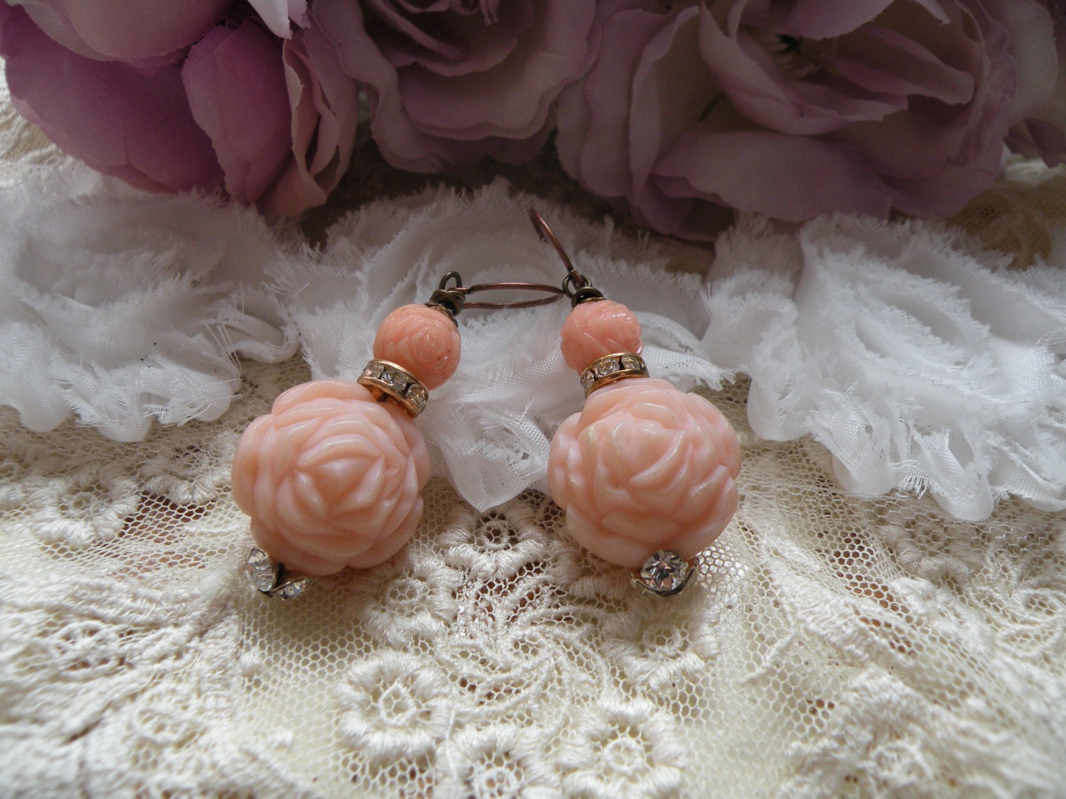 ROMANCE shabby chic pink rose earrings vintage assemblage summer blushing blossoms