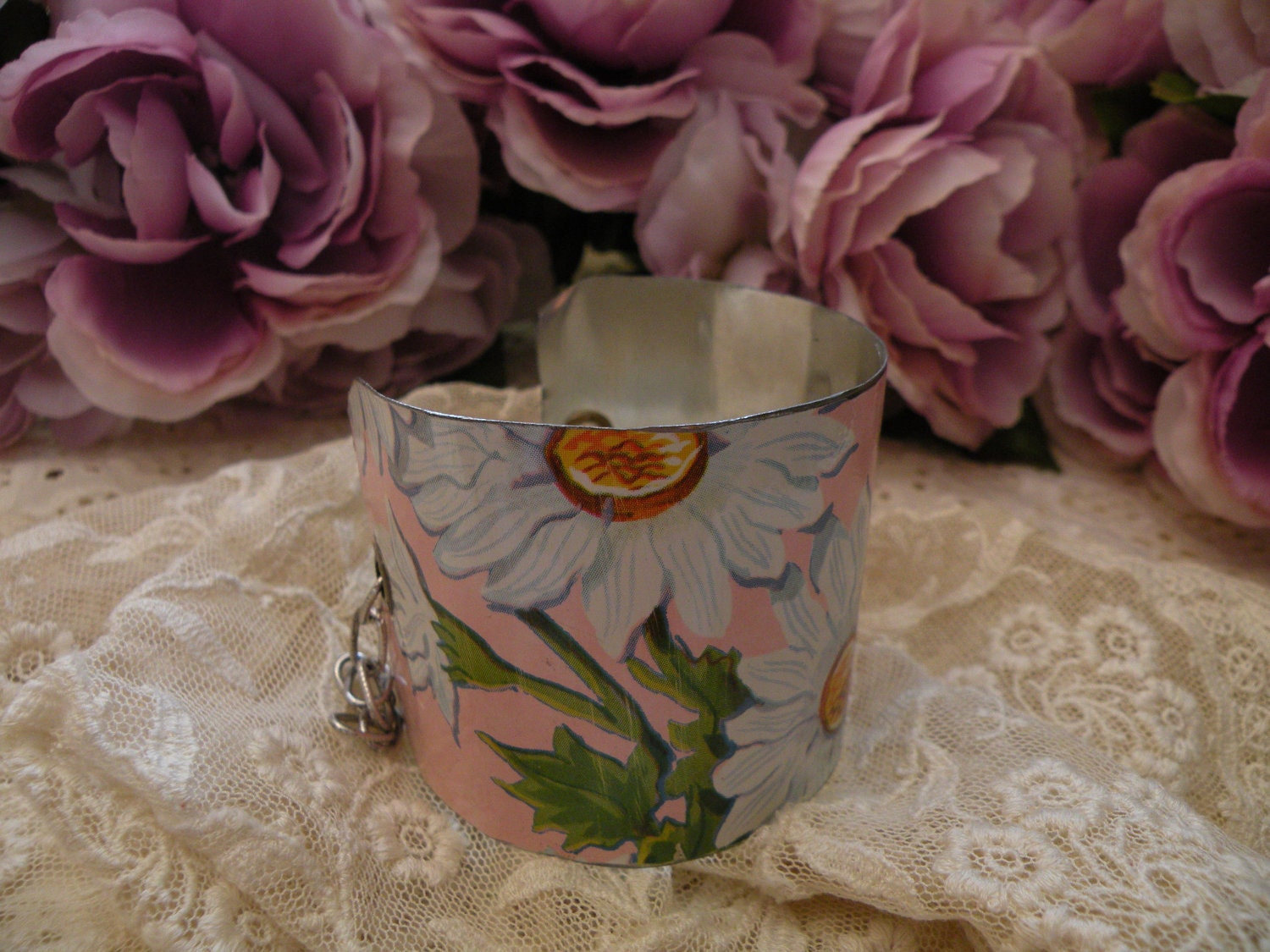 METAL PETALS vintage assemblage bracelet spring fresh tin cuff mothers day shabby chic rustic pink