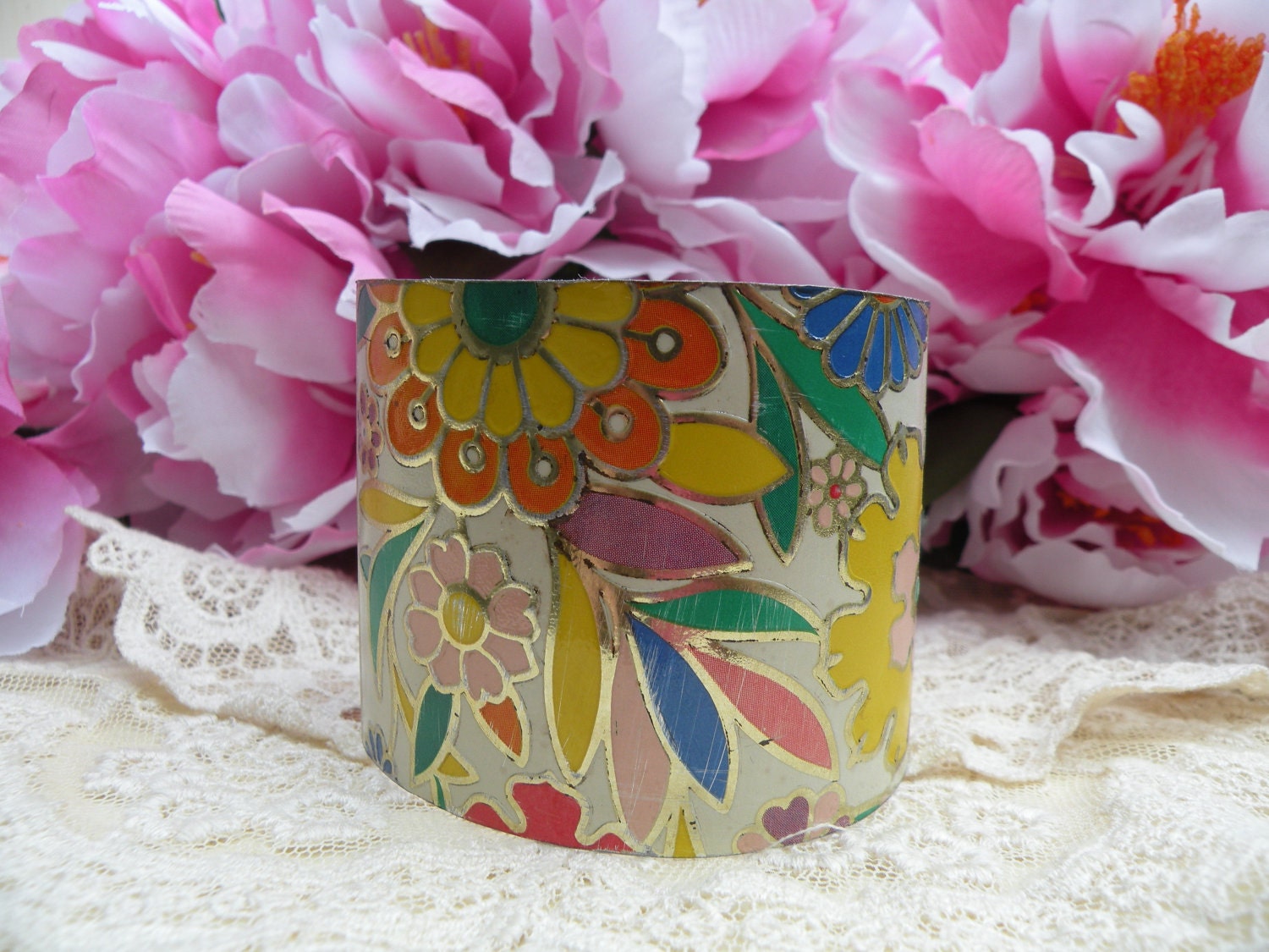 METAL PETALS vintage bracelet assemblage tin cuff rustic embossed floral garden summer pleasures shabby chic