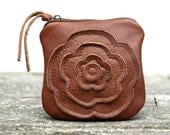 Brown Leather Bag, Change Purse, Leather Coin Pouch, Tiny Wallet - Rustic Flower / rustic june