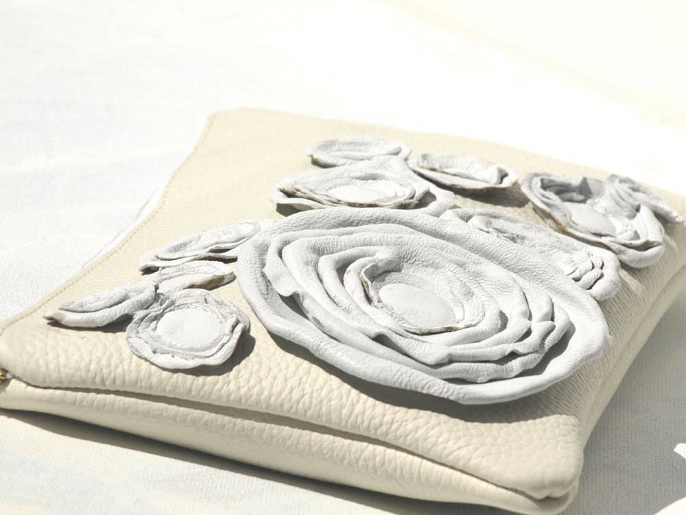 Ivory Wedding Clutch, White Bridal Clutch, Formal Clutch Bag --- Pearl White Rosette, june, july wedding, summer wedding