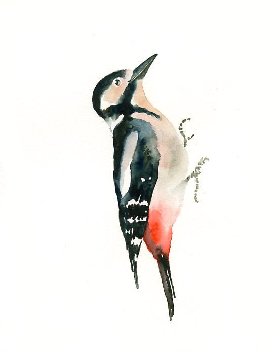 GREAT spotted WOODPECKER by DIMDI Original watercolor painting 8X10inch(Vertical orientation)