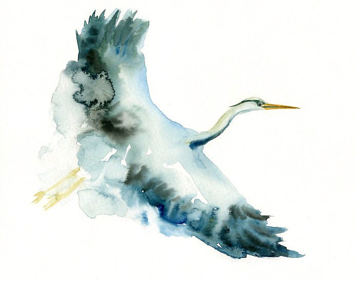 GREAT blue HERON by DIMDI Original watercolor painting 10x8inch