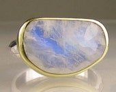 Rose Cut Rainbow Moonstone Ring - 18k Gold and Sterling