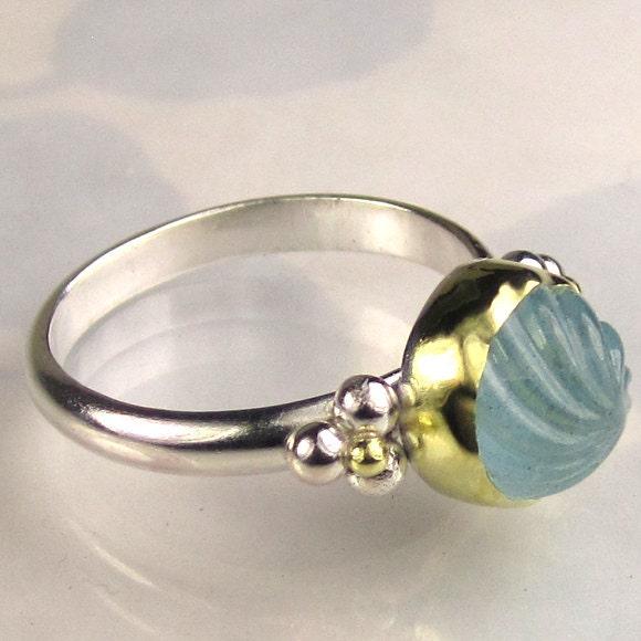Carved Aquamarine Ring - 18k Gold and Sterling