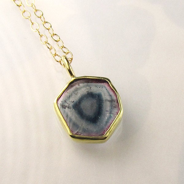 Watermelon Tourmaline Slice Pendant - 18k Gold