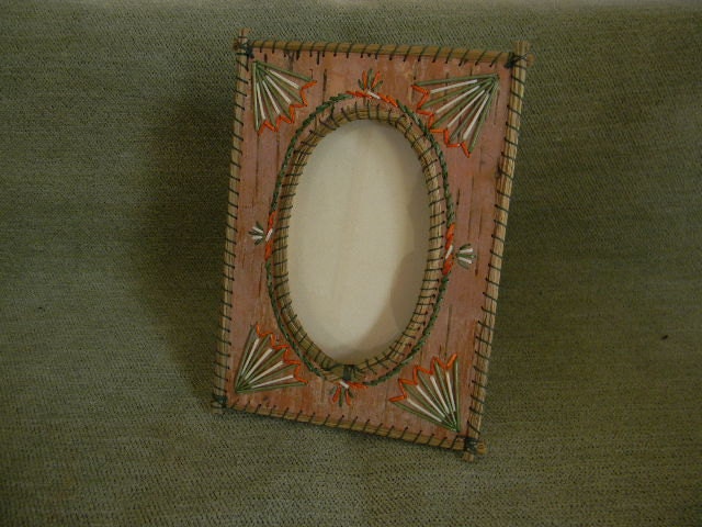 Small porcupine quill, sweet grass and birch bark picture frame, 5" x 7", with 2 1/12" x 4 1/2" insert
