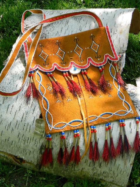 Dark gold painted and beaded leather shoulder bag